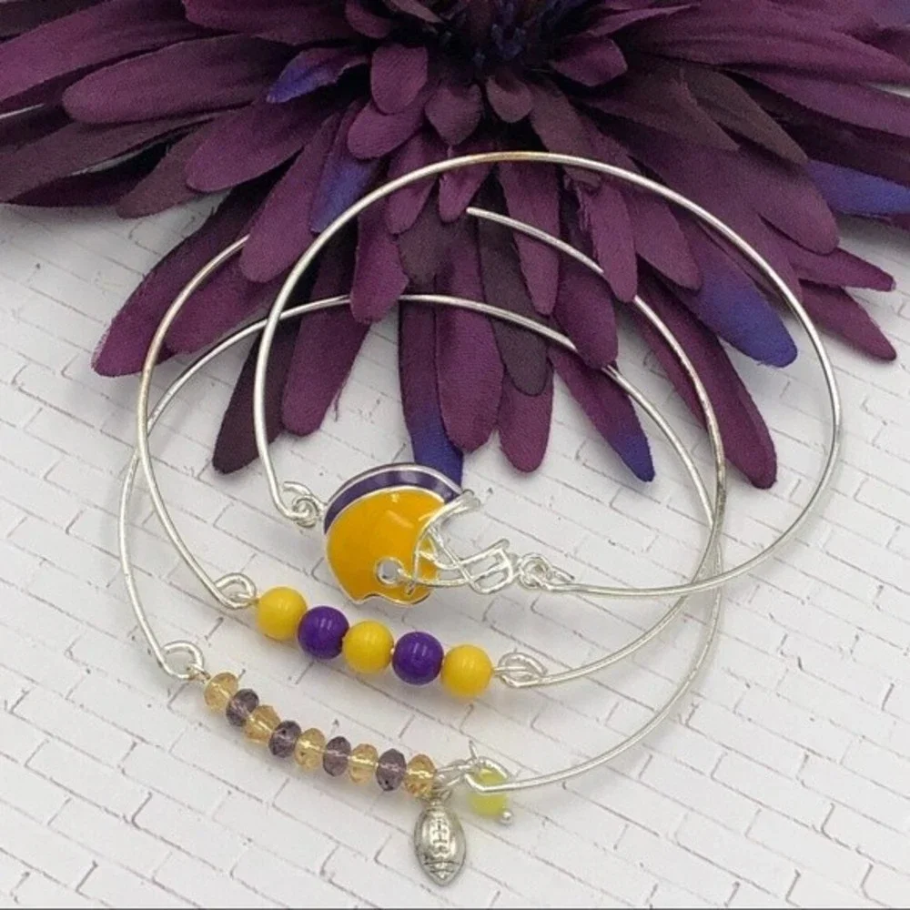 🌼 Set 3 Purple & Yellow Football Bangle Bracelets